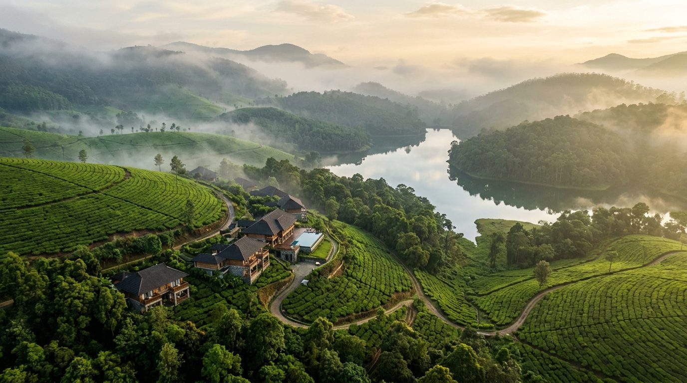 Mist over the hills of Thankakanam Estate at dawn
